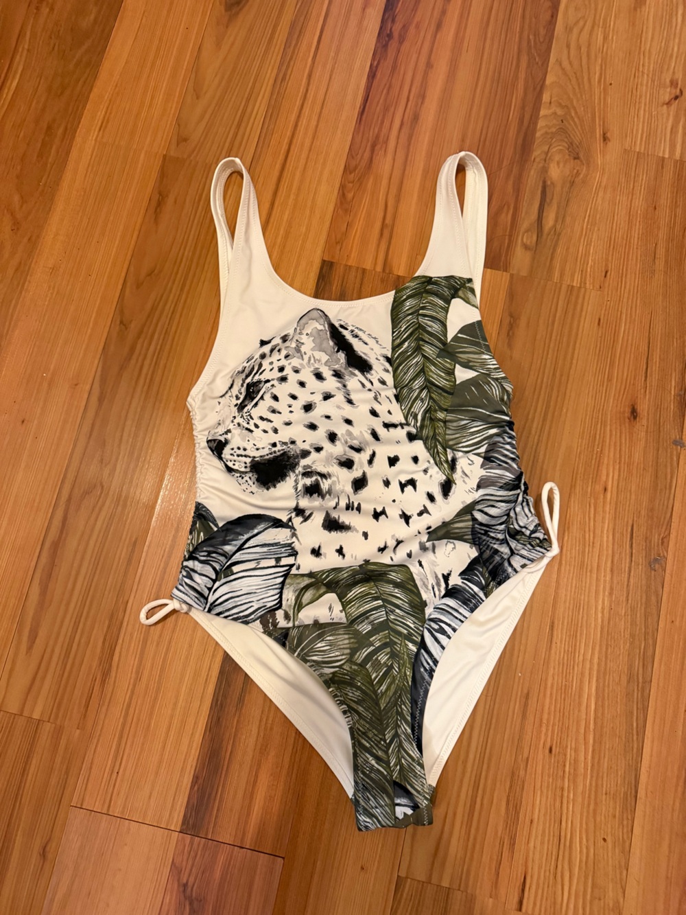 H&M White Kids One-Piece Swimsuit with Leopard and Green Leaf Print